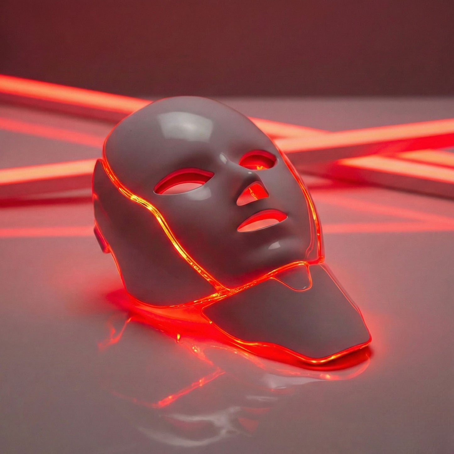 LuceRosso red LED therapy mask with glowing beams for skin rejuvenation and wrinkle reduction