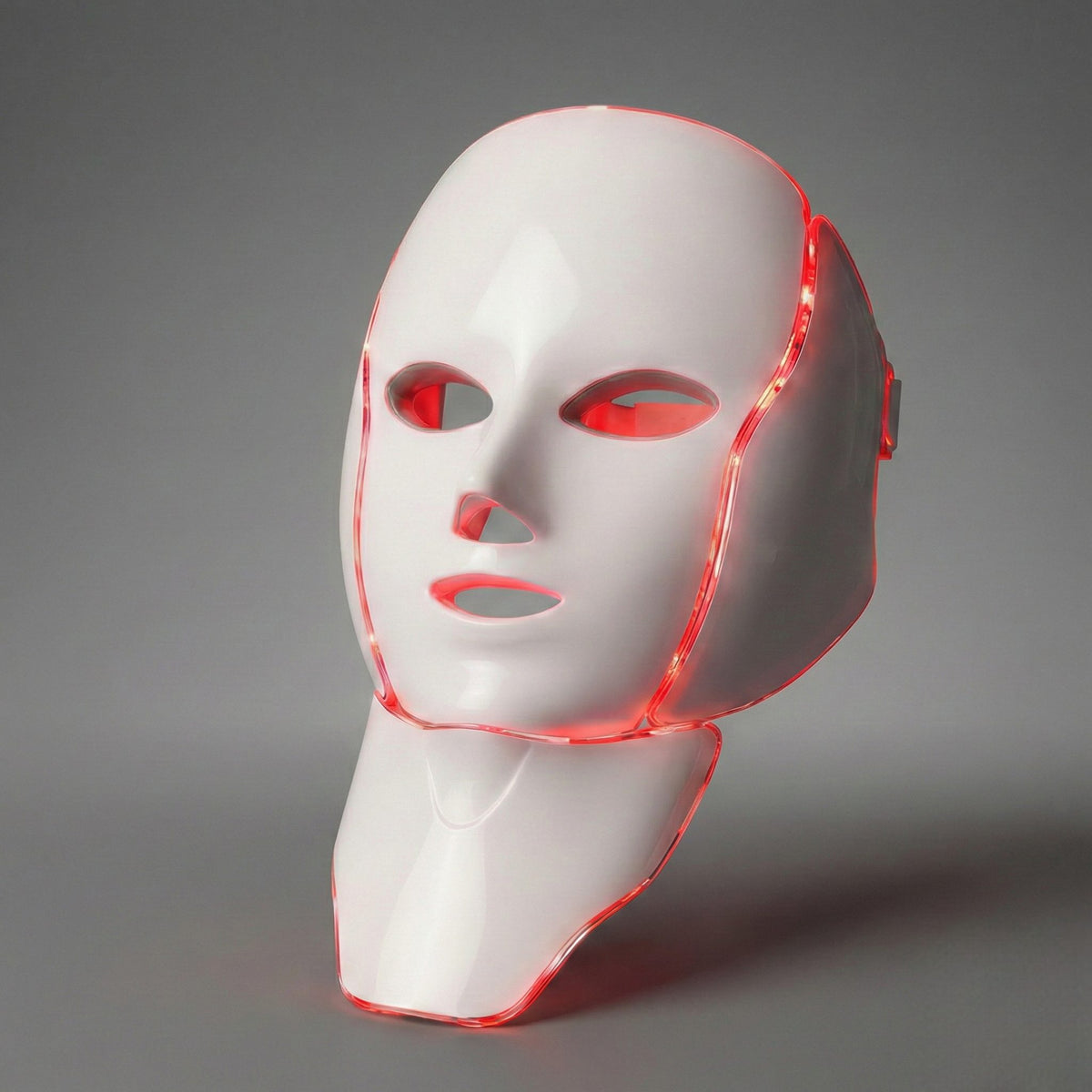 Full-face and neck red LED light therapy mask designed for anti-aging and skin renewal