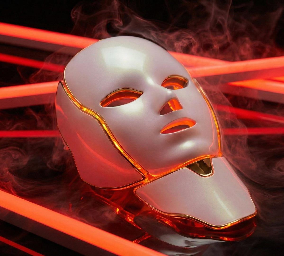 LED light therapy mask displayed with soft red lighting for a premium skincare presentation.