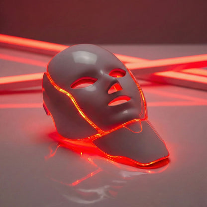 LuceRosso red LED therapy mask with glowing beams for skin rejuvenation and wrinkle reduction